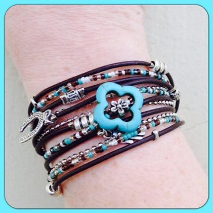 Boho Chic Brown Leather Wrap Bracelet With..