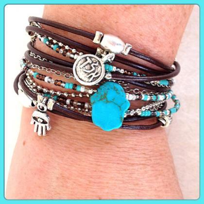 Boho Brown Leather Wrap Bracelet With Turquoise..
