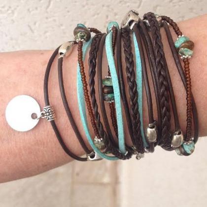 Boho Brown Leather Wrap Bracelet With Your Choice..
