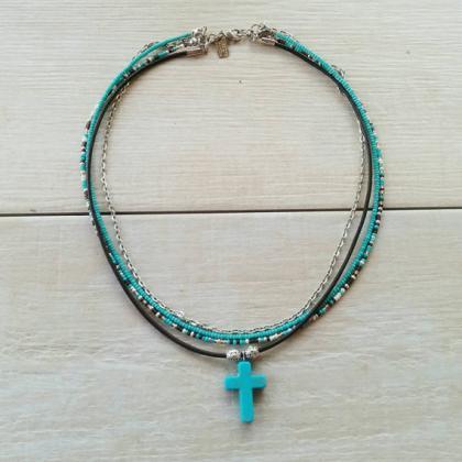 Boho Turquoise Cross Necklace - Turquoise Crucifix..