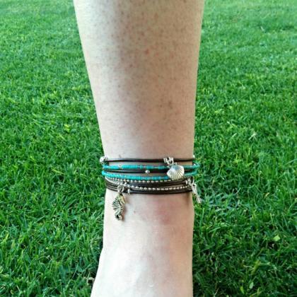 Wrap Anklet, Turquoise Gypsy Beaded Ankle..