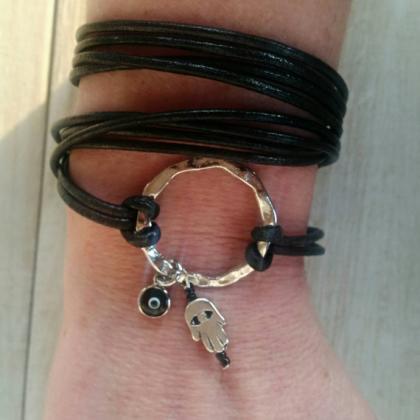 Boho Black Leather Four Times Wrap Bracelet,..
