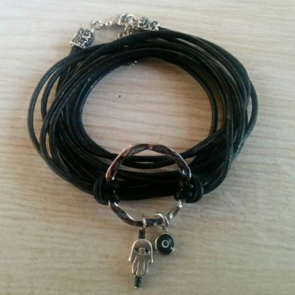 Boho Black Leather Four Times Wrap Bracelet,..