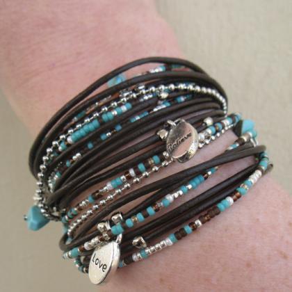 Triple Leather Wrap Bracelet With Silver Accents..