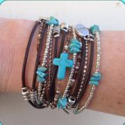 Boho Chic Brown Leather Wrap Bracelet with Small Turquoise Cross and Beaded Accents