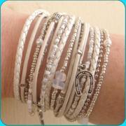 Boho Chic White Leather Wrap Bracelet with Silver, white and Pearl Accents