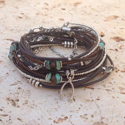 Boho Brown Leather Wrap Bracelet, Silver Miyuki Beaded Triple Wrap Bracelet with Charms, Tibetan Beaded Bracelet