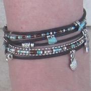 Boho Chic Beaded Brown Leather Wrap Anklet with Turquoise and Silver Accents