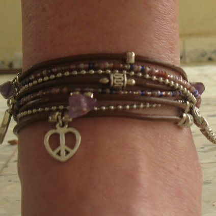 Boho Brown Leather Wrap Anklet With Purple And Silver Accents