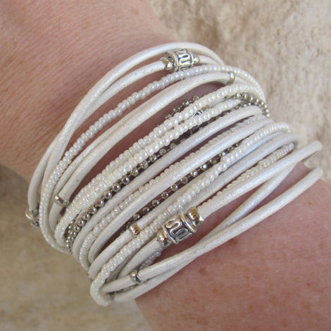 Pearl White Leather Wrap Bracelet With Silver Accents And Pearl White Miyuki Beads