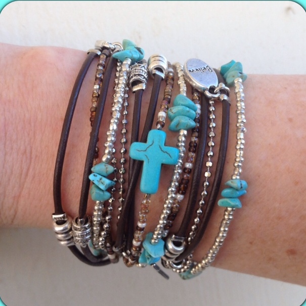Boho Chic Brown Leather Wrap Bracelet With Small Turquoise Cross And Beaded Accents