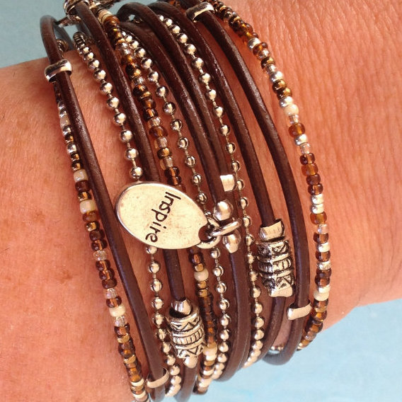 Simple Brown Boho Leather Wrap Bracelet With Silver Accents,custom Made