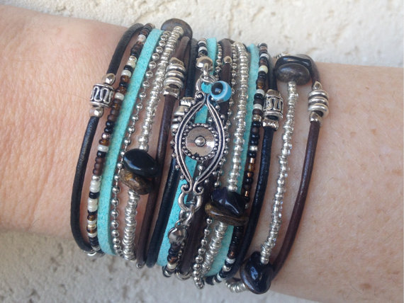 Evil Eye Wrap Bracelet - Boho Leather Wrap Bracelet- Leather Accessory In Black, Brown, Turquoise And Silver - Gift For Her