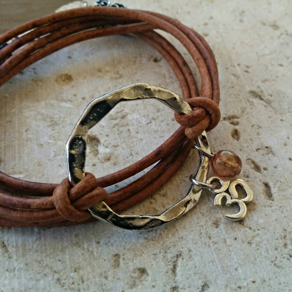 Boho Distressed Brown Leather Wrap Bracelet, Bohemian Jewelry, Triple Wrap Cuff, Silver Hammered Disc, Choose One Charm & Leather Color