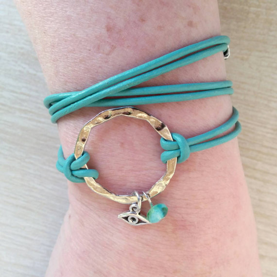 Leather Wrap Bracelet, Turquoise & Silver Infinity Bracelet, Hammered Circle, Bohemian Evil Eye Jewelry, Choose One Charm And Leather