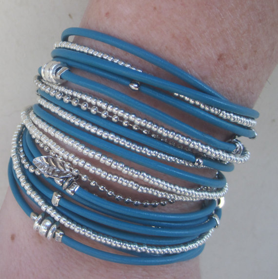 Turquoise Leather Wrap Bracelet With Silver Accents And Metallic Silver Glass Beads