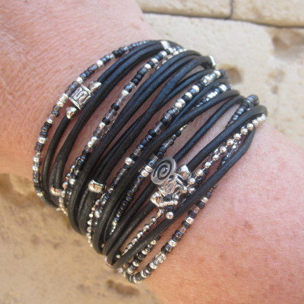 Boho Black Leather Wrap Bracelet With Silver Accents And Mixed Black, Gray And Silver Glass Beads