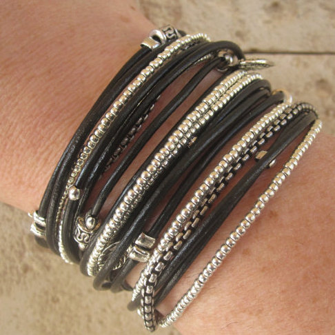 Black Leather Triple Wrap Bracelet With Silver Accents And Metallic Silver Glass Beads