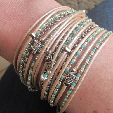 Boho Pearl Metallic Leather Wrap Bracelet With Silver Accents Turquoise And Brown Mix Miyuki Beads- Anniversary Gift