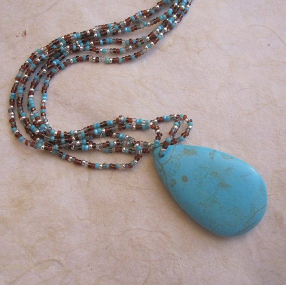 Blue and Red Turquoise Teardrop Golden Necklace